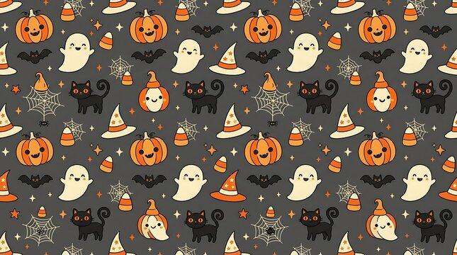 Seamless halloween pattern with pumpkins ghosts witches hats and spooky elements