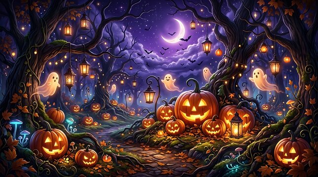 Spooky halloween town with glowing jackolanterns under a crescent moon at night