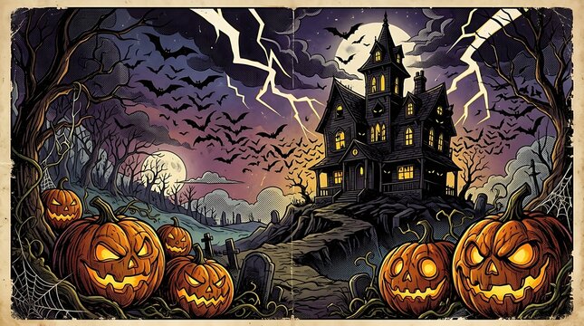 Spooky haunted castle on halloween night with glowing jack o lanterns and stormy skies