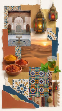 Aesthetic Tunisia moodboard featuring traditional architecture, blue and white buildings, ornate doors, Mediterranean landscapes, local crafts, ceramics, textiles, and North African cultural details.