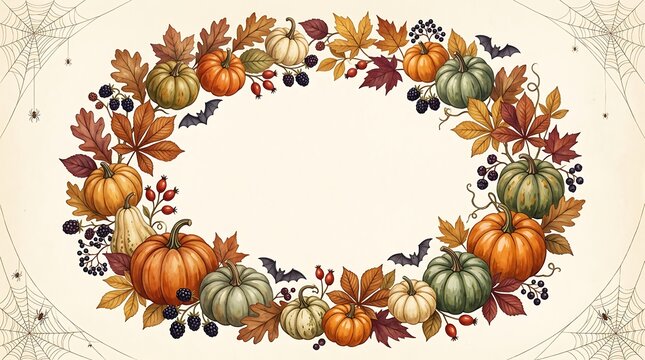 Autumn wreath of pumpkins leaves and berries on a vintage textured background