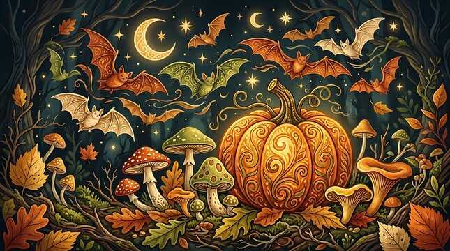 Magical autumn forest scene with glowing pumpkins and a crescent moon at night