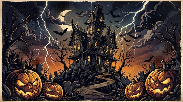 Spooky haunted house with carved pumpkins under a full moon on halloween night