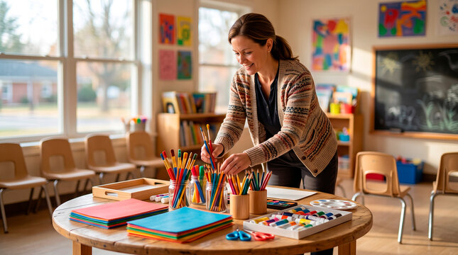Teacher organizing art supplies in classroom for creative learning