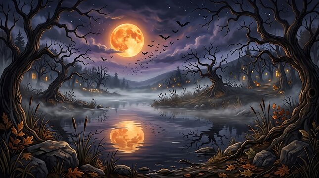 Eerie forest landscape with a full moon reflecting in a dark still lake