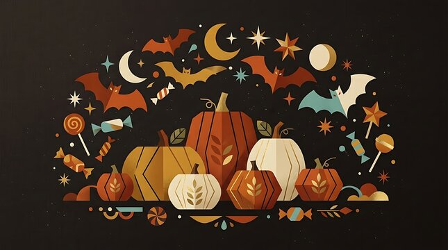 Whimsical halloween scene with castle bats pumpkins and a crescent moon