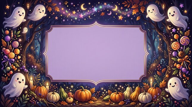 Festive halloween border with ghosts pumpkins and a blank space for text