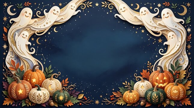 Spooky halloween scene with ghosts pumpkins and a dark starry night sky