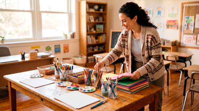 Teacher organizing art supplies in classroom for creative learning