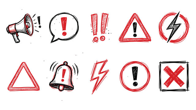 Set of handdrawn warning and alert icons, including exclamation marks, megaphone, bell, lightning bolt, and cross symbols, sketched in red and black on a