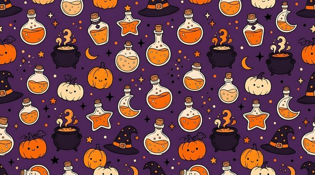 Seamless pattern of vintage halloween decorations including pumpkins and apothecary bottles
