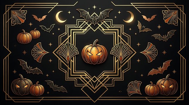 Art deco halloween background with pumpkins bats and geometric gold frame design