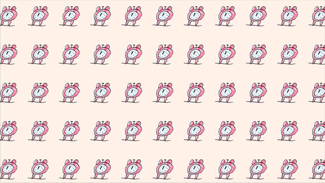 Seamless pattern of cute pink alarm clocks on a beige background, school clock morning time texture for wrapping paper and fabric print