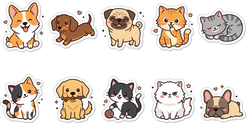 Obraz premium Cute kawaii dog and cat sticker vector set with funny cartoon puppies and kittens for children design illustration