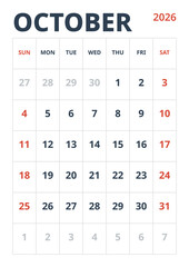 October 2026 English Corporate Monthly Calendar Grid Minimalist Office Organizer Page (Compatible with 2037 and 2043). © vector_master