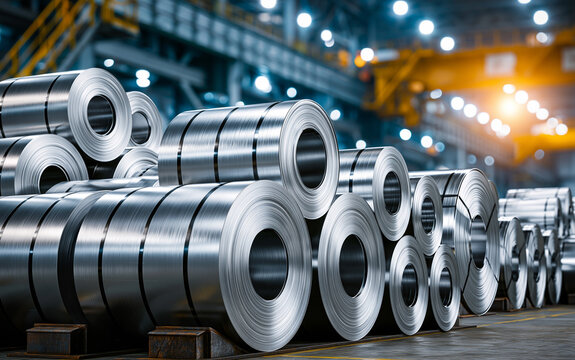 Large metal coils stacked in a factory warehouse. Raw material for production, heavy industry supply, rolled steel sheet stock. Industrial interior, manufacturing background, bulk material storage