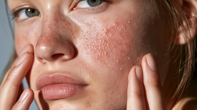 Detailed side view of a young woman gently touching a patch of peeling, rough skin on her cheek, subtle redness and visible dryness, worried but natural expression, minimalist brig