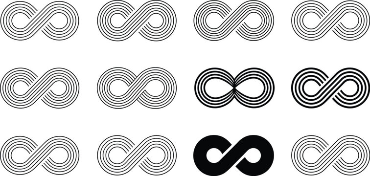 Multiline infinity symbol icon set. Parallel stroke, intermeshed line, and solid black eternity loop variations in modern vector style isolated on white background.