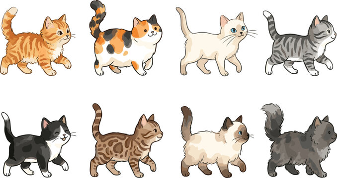 Cute walking cat cartoon character vector set with various domestic kitten breeds isolated on clean white background