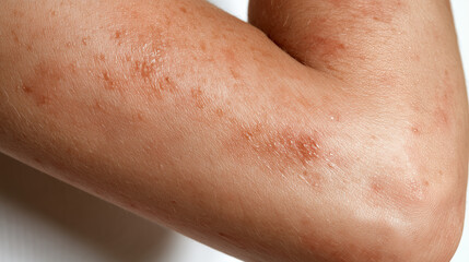 Naklejka premium Close-up medical footage of a person's elbow affected by psoriasis, clearly visible dry flaky patches and inflamed skin, isolated on a seamless white background, highly detailed re