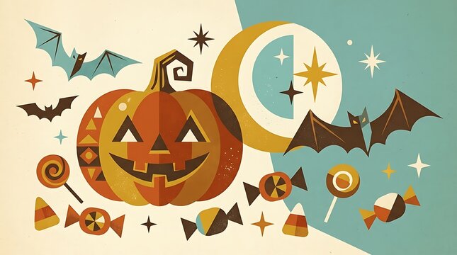 Vintage halloween illustration with jack o lantern moon bats and sweet treats