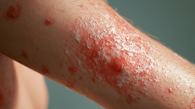 Photorealistic clinical close up of a bent human arm with elbow facing camera, large psoriasis plaque concentrated on elbow tip extending slightly onto forearm, irregular asymmetri