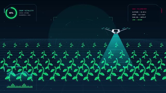 Smart Farming Drone Monitoring Crop Health with Futuristic Digital Interface