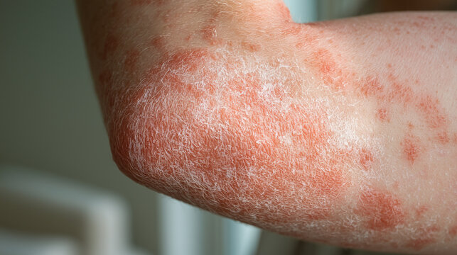 Extreme close-up medical photograph of a human elbow and upper forearm, elbow prominently centered in the frame, large irregular oval psoriasis plaque covering the outer elbow, int