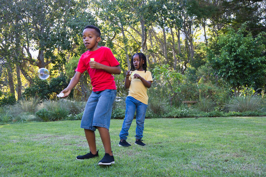 Two African American boys wearing red, yellow T-shirts holding bubble bottle and wand on park lawn