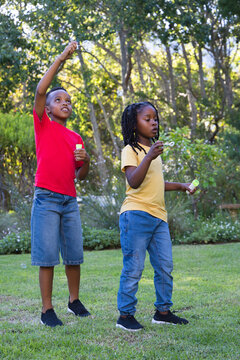 Two African American boys playing with bubble wands and bottles on grassy lawn, blowing bubbles