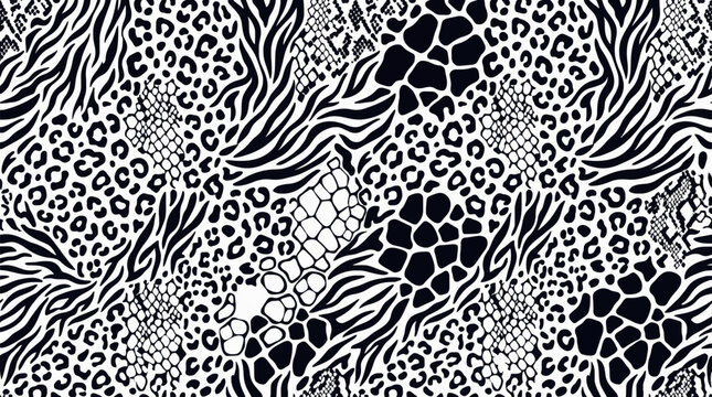 Wild animal skin seamless texture leopard zebra tiger and reptile pattern vector