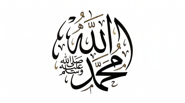 Islamic calligraphy of Allah and Muhammad in elegant black ink on white background