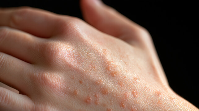 Psoriasis Flare-Up on Hand Highly realistic medical photograph of a psoriasis flare-up affecting the back of a human hand, multiple sharply defined reddish plaques with characteris