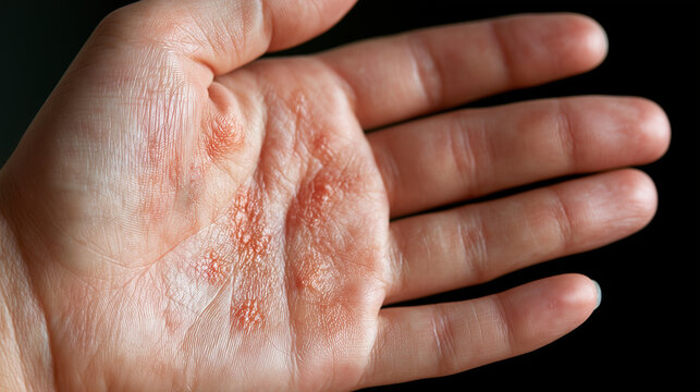 Psoriasis Flare-Up on Hand Highly realistic medical photograph of a psoriasis flare-up affecting the back of a human hand, multiple sharply defined reddish plaques with characteris