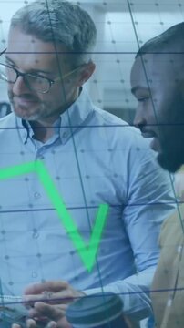 Animation of lines and financial data processing over diverse business people in office