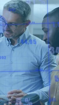 Animation of financial data processing over diverse business people in office