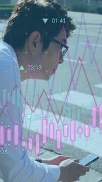 Animation of financial data processing over asian man using smartphone on street