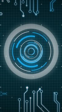 Animation of scope and data processing over circuit board on screen