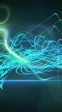 Animation of glowing blue network wave over lights on dark background