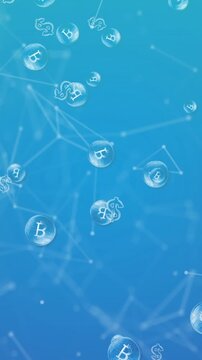 Animation of network of bitcoin and dollar coins moving on blue background