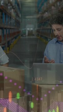 Animation of financial graphs over caucasian men in warehouse