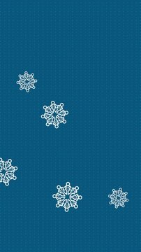 Digital animation of snowflakes icons falling against copy space on blue background