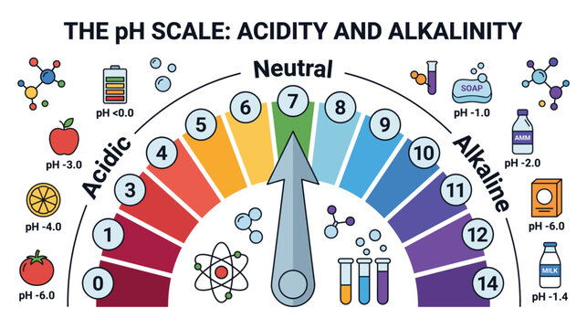 Colorful ph scale diagram showing acidity and alkalinity levels for science experiments use.