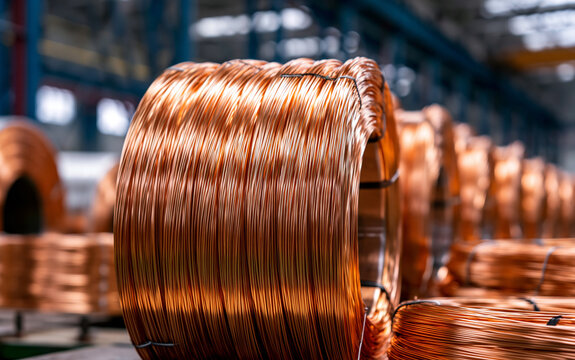 Rows of large copper wire coils rest inside metal factory warehouse. Shiny orange cable reels sit on industrial floor for electrical supply distribution. Heavy metallic rolls await transport