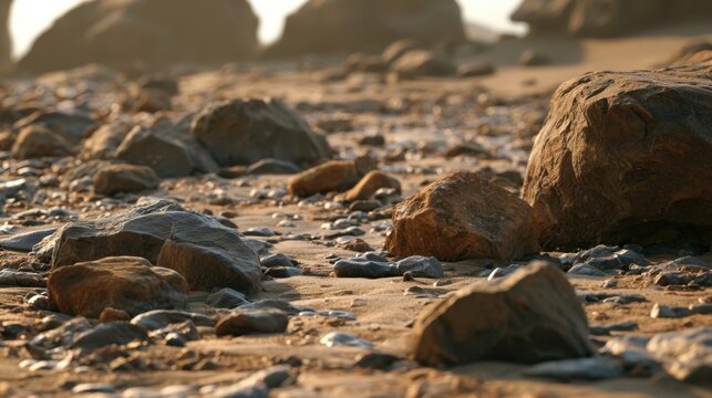 rocky sandy beach shore covered with scattered stones and large boulders illuminated by warm golden hour sunlight at sunset along coastal landscape with soft selective focus and shallow depth of field