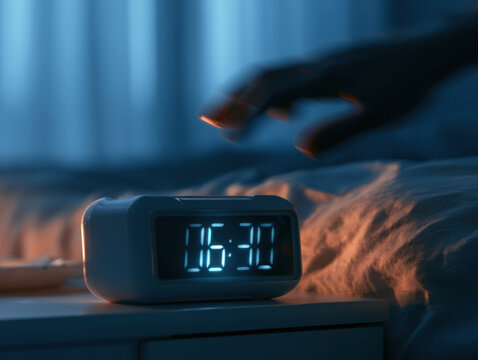 digital alarm clock displaying early morning time 06:30 on a bedside nightstand with a blurred human hand reaching out to turn off or snooze the alarm in dark blue atmospheric bedroom at twilight dawn