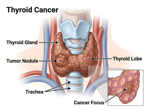Thyroid cancer diagram showing tumor nodule and cancer focus isolated on white background