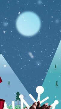 Animation of snow falling over christmas trees and decorations