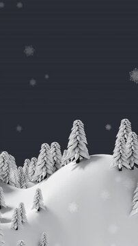 Snowflakes falling over multiple trees on winter landscape against grey background