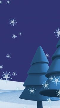 Animation of snow falling over fir trees and winter landscape